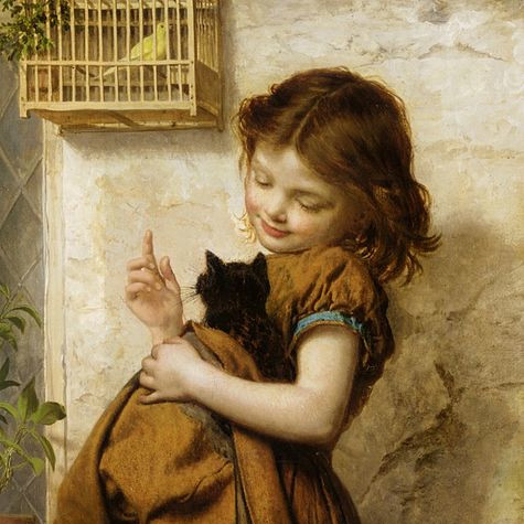 a painting of a girl petting a black cat in her arms